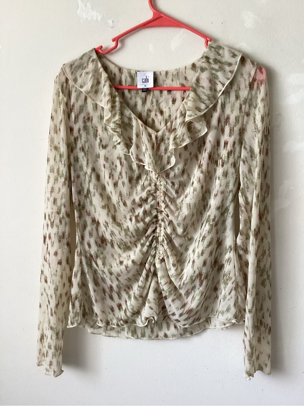 CAbi Cream Blouse with Olive and Brown Print, Ruffled V-Neck